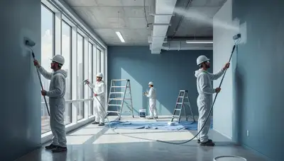 Commercial painting crew in Chattanooga, TN applying durable exterior finish to a business building