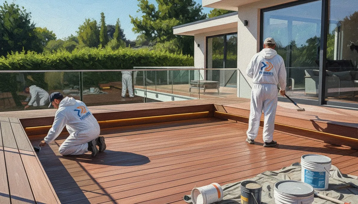 Chattanooga, TN painters staining a deck to protect wood and enhance outdoor curb appeal
