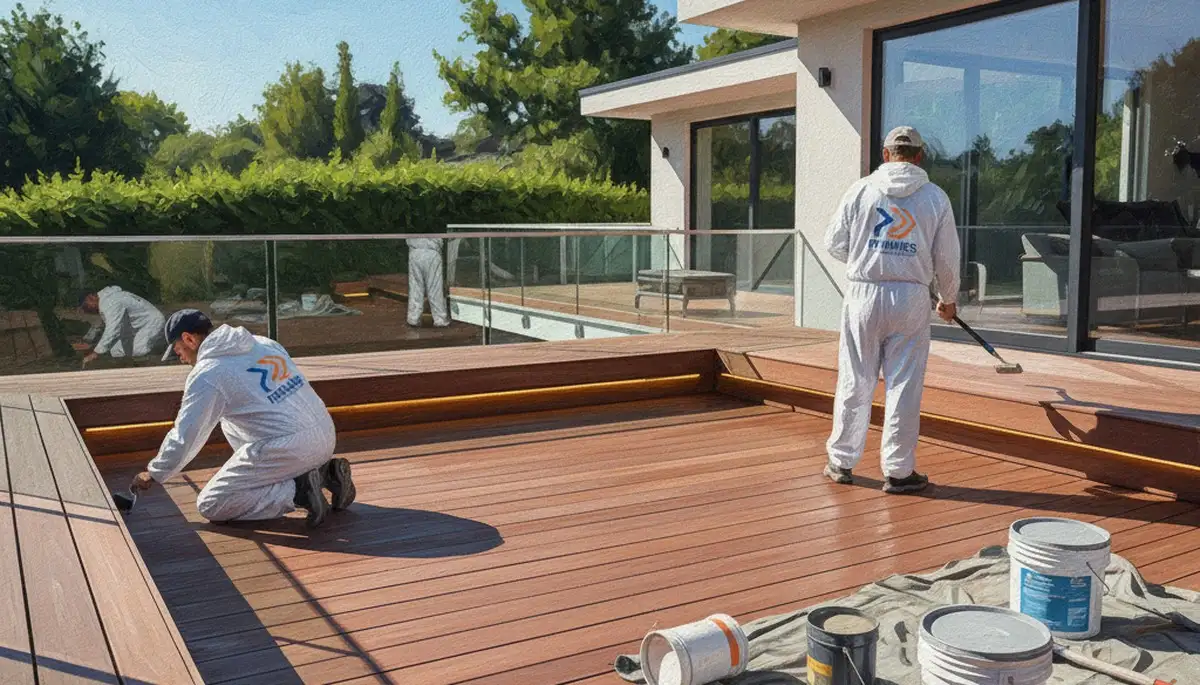 Chattanooga, TN painters staining a deck to protect wood and enhance outdoor curb appeal